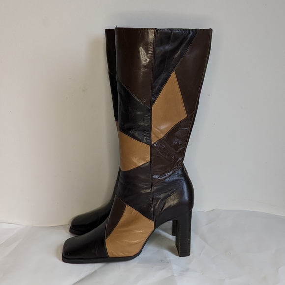 Vintage Brown Patchwork Y2K/90s Block Heel Boots - Picture 2 of 8